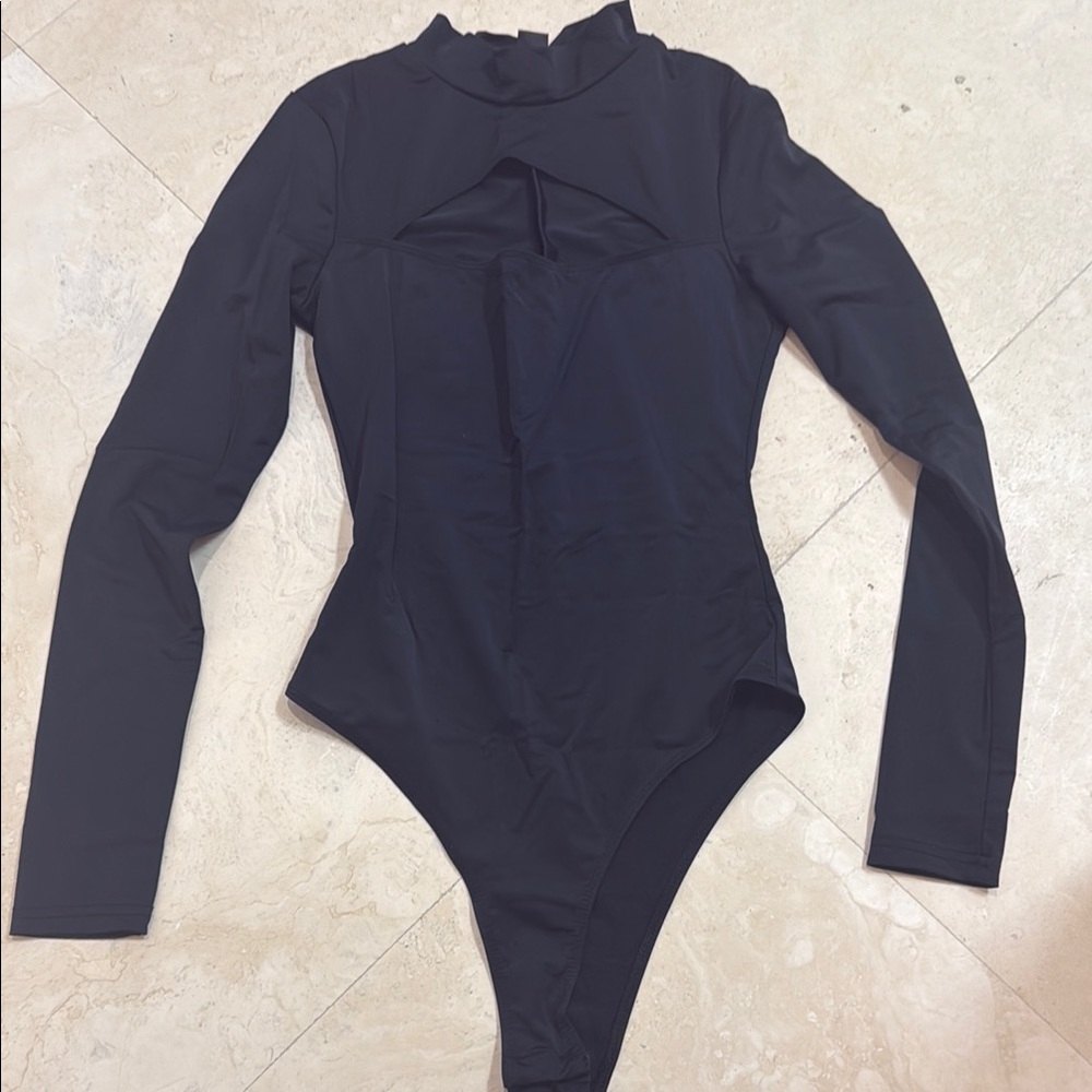 Shein Peekaboo Mockneck Black Long Sleeve Bodysuit
